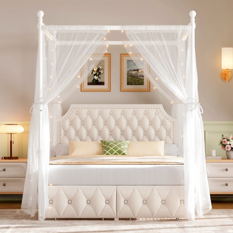 Homfa Queen Canopy Bed with Storage Drawers and Velvet Headboard, Beige photo 7
