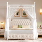 Homfa Queen Size Canopy Bed Frame, 2 Storage Drawers Metal Platform Bed with Button Tufted Upholstered Headboard, Canopy Bed Curtain Not Included, Beige