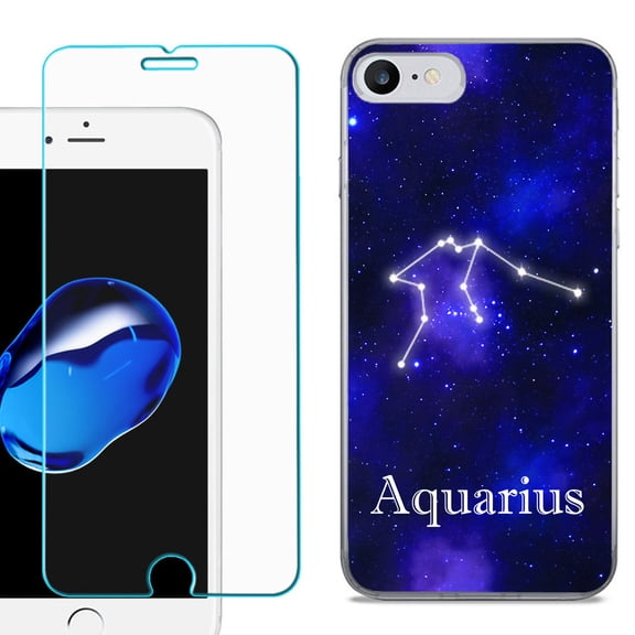 For Apple iPhone SE 2020 Case, Slim-Fit TPU Phone Case, with Tempered Glass Screen Protector, by OneToughShield ® - Zodiac / Aquarius