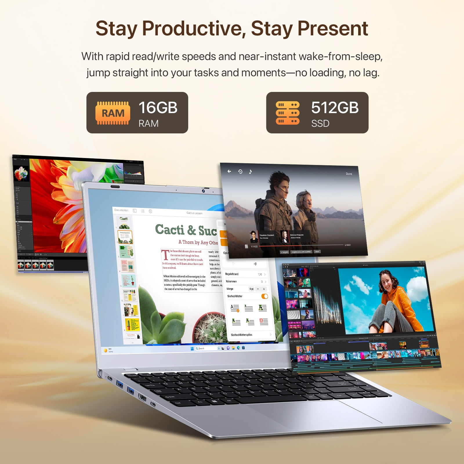 RNRUO 14" Business Laptop Computer, 16GB RAM 512GB SSD, Intel 6500Y 2 Cores, 1080p Display Office 2024, WiFi5 BT5.0, Type-C PD Dual 4K Output, Windows 11 Laptop Silver Gray