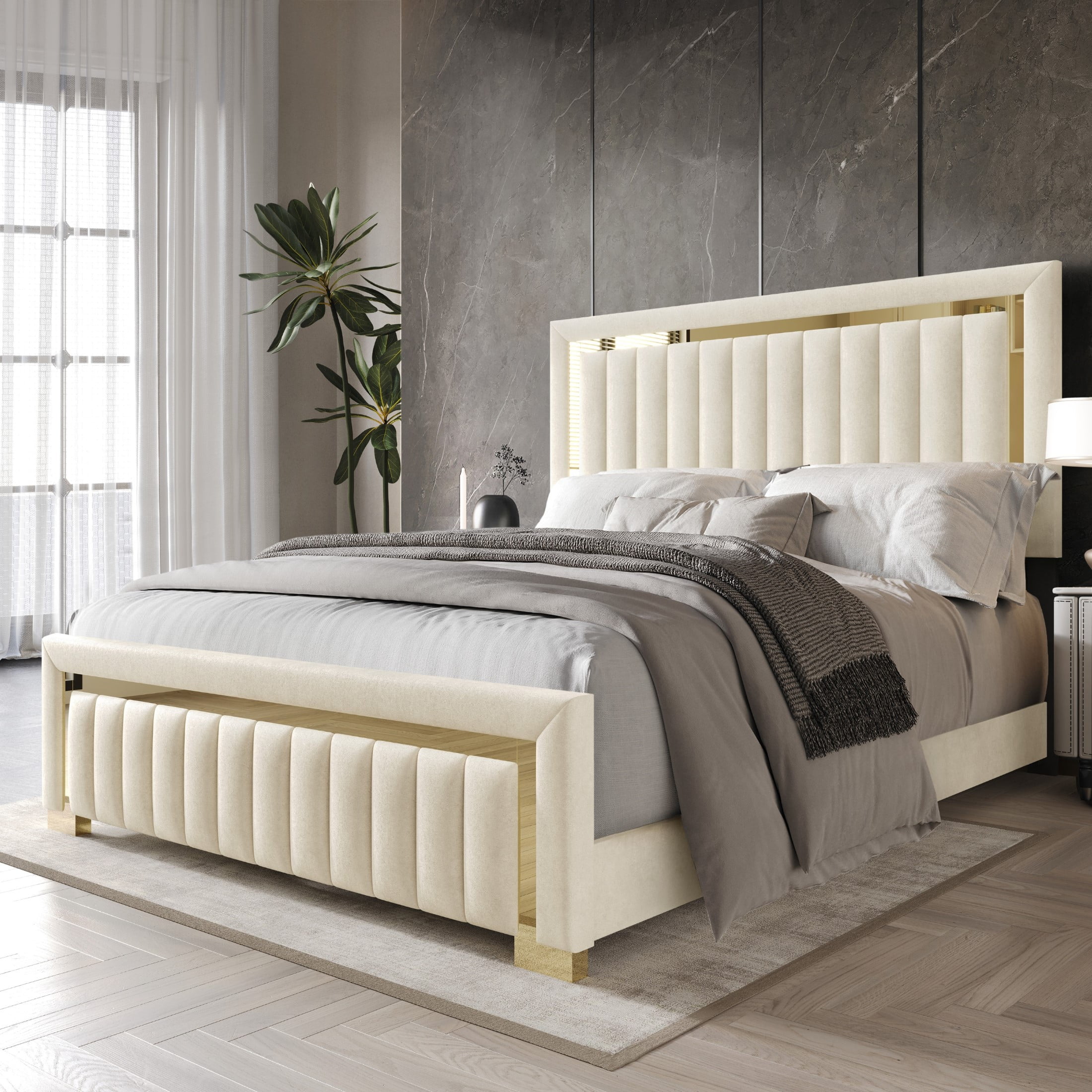 Home Design Olathe Queen Upholstered Panel Bed Frame with Channel-Tufted Headboard and Gold Acrylic Strip Accents, Beige, Easy Assembly