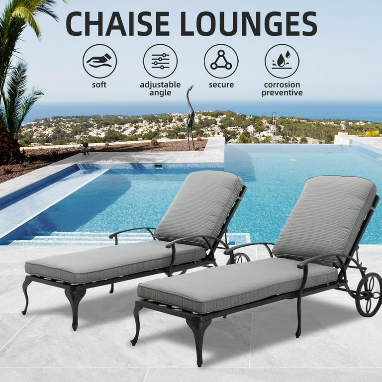 Aluminum Reclining Outdoor Chaise Lounge with Wheels and Cushions Set of 2 Gray