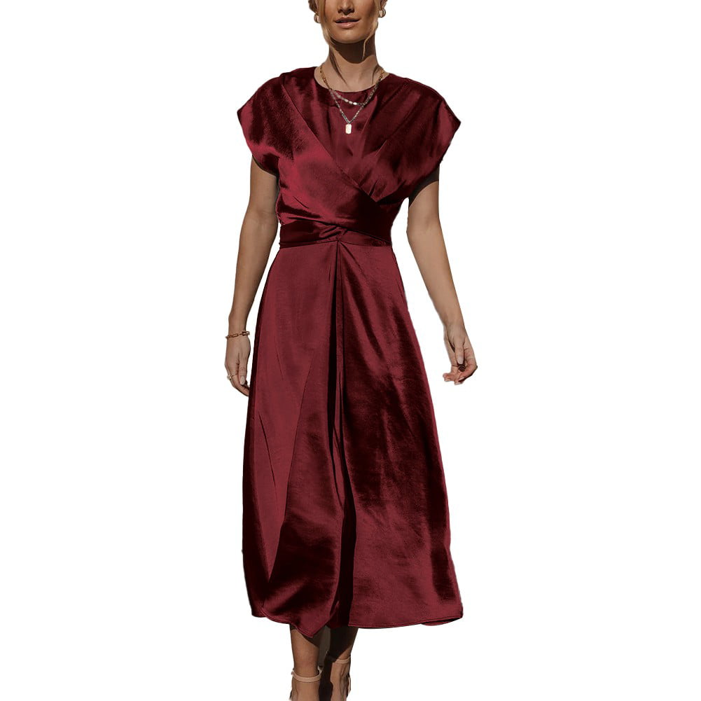 ALSLIAO Womens Summer Satin Midi Dress Cap Sleeve Tie Waist Elegant A ...