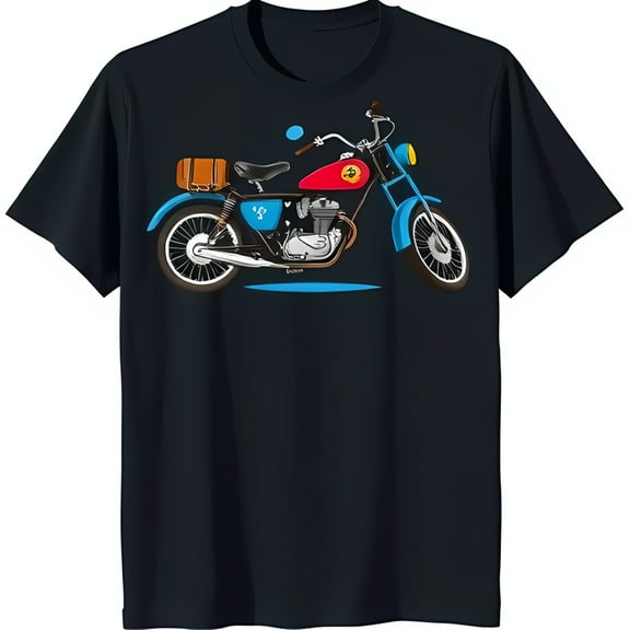 Vintage Motorcycle Graphic Black T-Shirt with Blue and Red Design & Brown Saddlebag