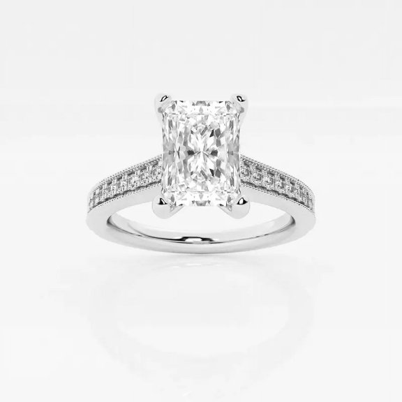 Zoya Jewel 2.1 Ct Radiant Cut Moissanite Engagement Ring - Milgrain Solitaire with Accents Design - 14K White Gold Plated Ring - Wedding Jewelry for Women