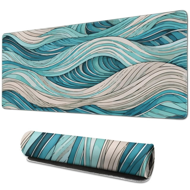 "Extended Size Gaming Mouse Pad in Blue Japanese Wave Design, Non-Slip Rubber Base, Stitched Edges, 31.5 x 11.8 Inches"
