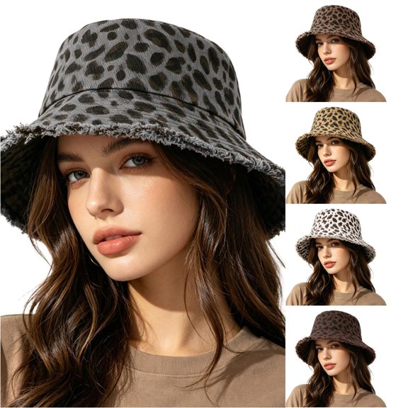 Krdevn Women Leopard Print Bucket Hat, Adjustable Fringe Wide Brim Sun Hat for Outdoor Hiking Beach