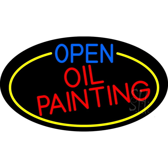 Open Oil Painting Oval With Yellow Border LED Neon Sign 13 x 24 - inches, Black Square Cut Acrylic Backing, with Dimmer - Bright and Premium built indoor LED Neon Sign for art gallery, and exhibition.