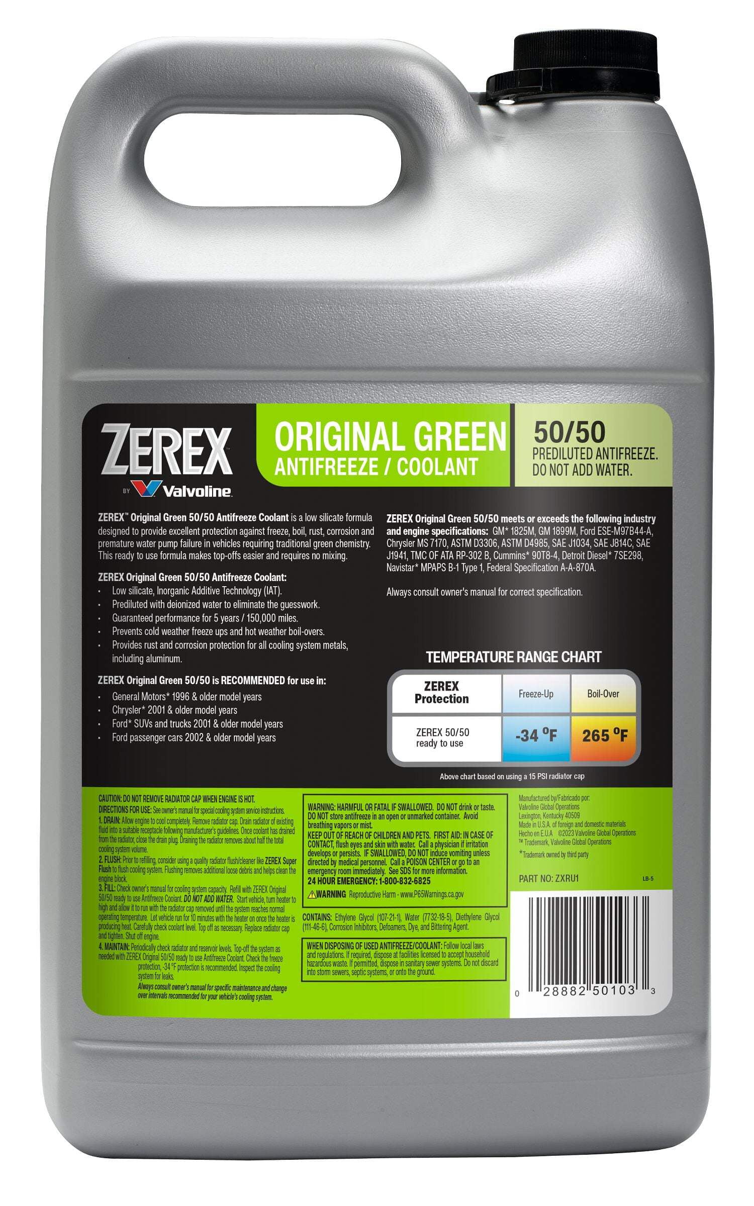 Zerex, Antifreeze Coolant, 50/50 Prediluted, Green Formula