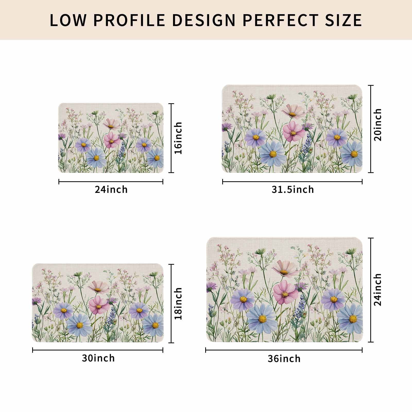 Spring Floral Doormat Outdoor Entrance 24"x36", Wildflowers Herbs Summer Botanical Vintage Absorb Moisture Dirt Door Mats, Non-Slip Rubber Backing Floor Mats Indoor, Low-Profile Front Door Rugs