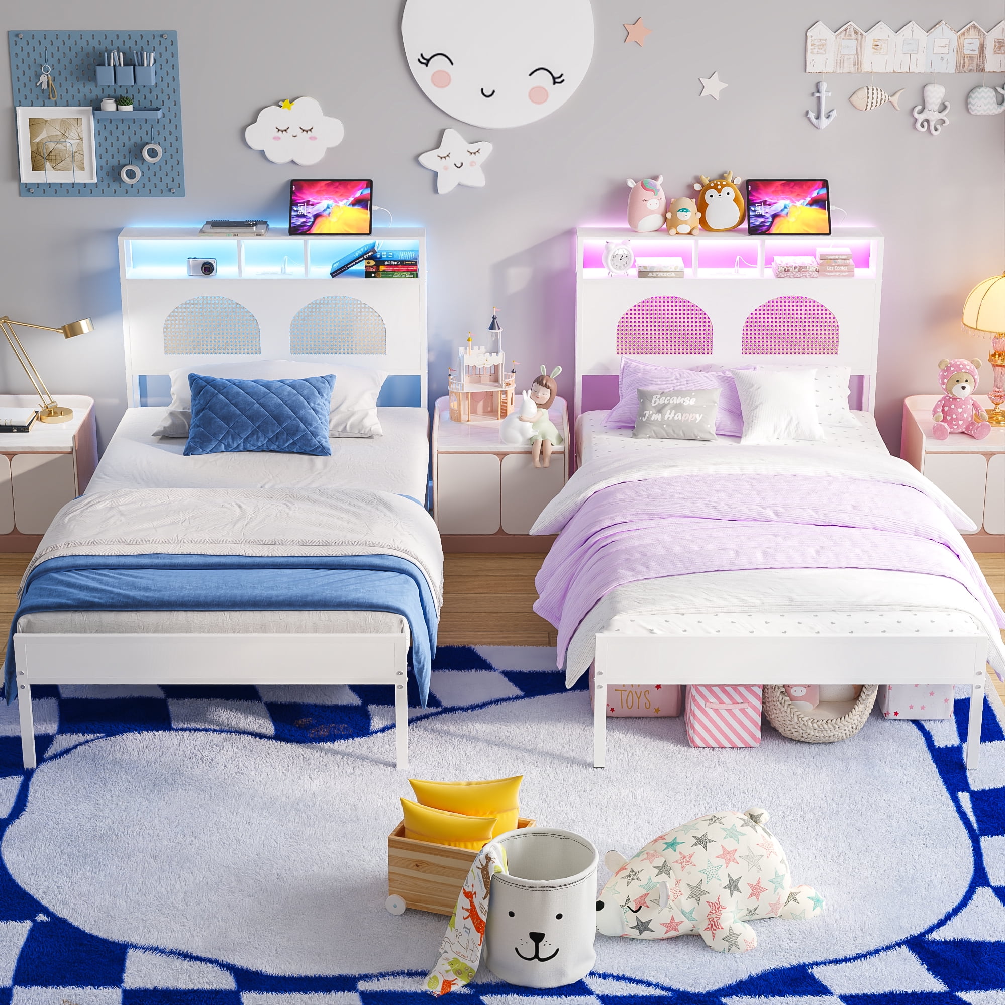 Yoneston Twin Bed with Wood Rattan Storage LED Light Headboard, Metal Platform Bed Frame with Charging Station for Kids Teens, White