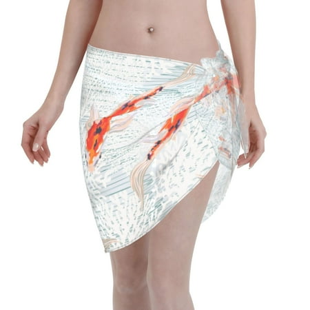 Adobk Women Beach Sarong Bathing Suit Koi Fish Corals Spring Summer Print Wrap Skirt Sheer Bikini Swimsuit Cover Ups For Swimwear