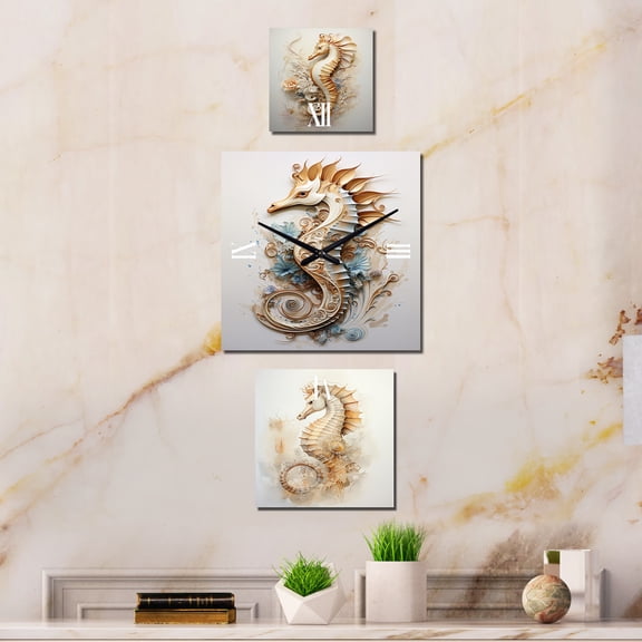 Designart "Enchanted Seahorse Elegance" Seahorse Oversized Wall Clock - Set Of 3 - Extra large Modern Clock For Office Décor - Large Vertical Clock