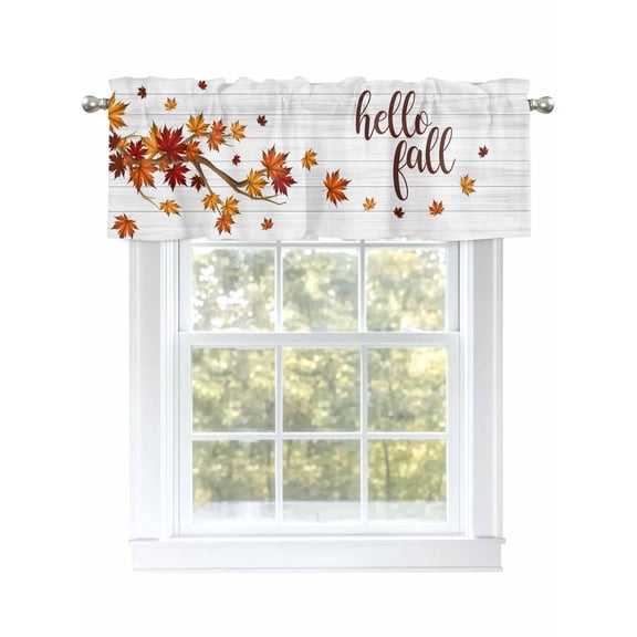 Hello Fall Valances for Windows Maple Leaf Fallen Leaves White Wood Grain Rod Pocket Curtains Valance Short Window Treatment Drapes for Living Room, Bedroom Bathroom 42" W x 18" L