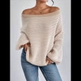 thumbnail image 4 of Suéter de Punto Holgado Informal de Larga con Rayas y Hombros Descubiertos para Mujer (Otoño 2025) Beige L, 4 of 7
