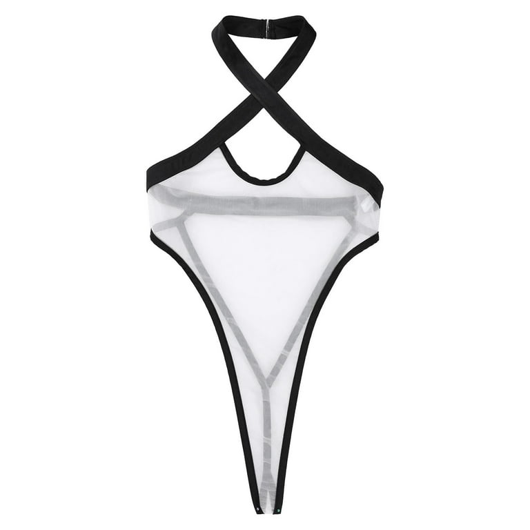 Transparent mesh backless Black white lingerie