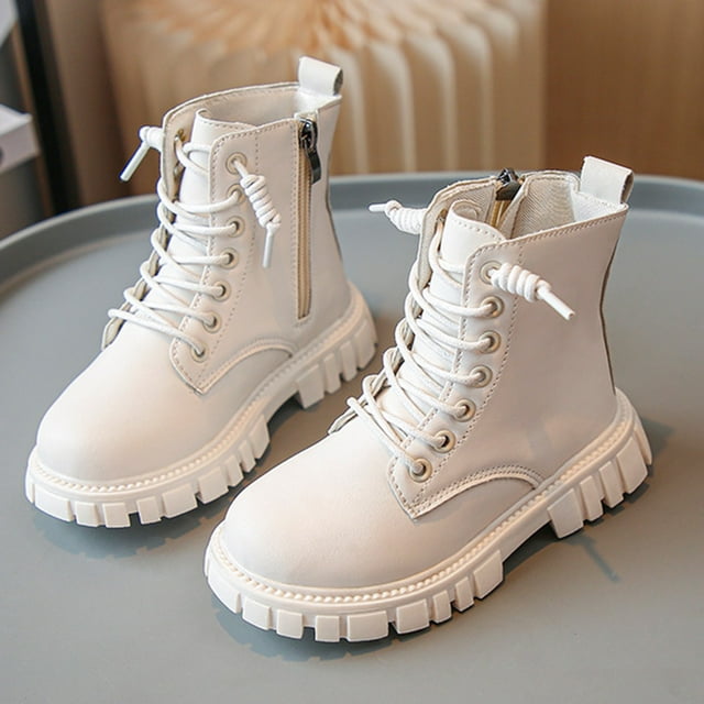 XIMIN Girls PU Leather Riding Boot Solid Color Non Slip Ankle Boots Short Combat Boots Side Zipper Lace Up Shoes Fall Winter Trendy Chelsea Booties