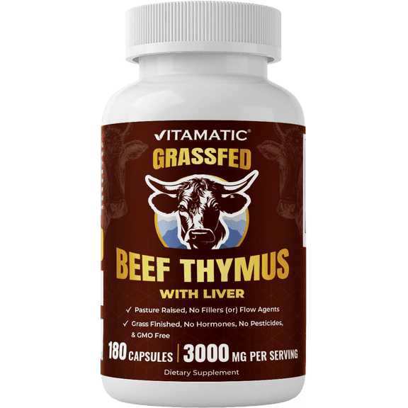 Vitamatic Grass-Fed Beef Thymus   Liver 180 Capsules – Freeze-Dried, Non-GMO, Bovine Liver Supplement – Pasture-Raised, Glandular-Based Formula