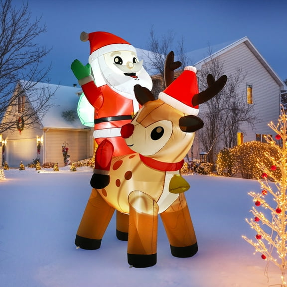 CazToi 6.9ft Inflatable Santa Claus with Reindeer Outdoor Yard Decoration with Lights