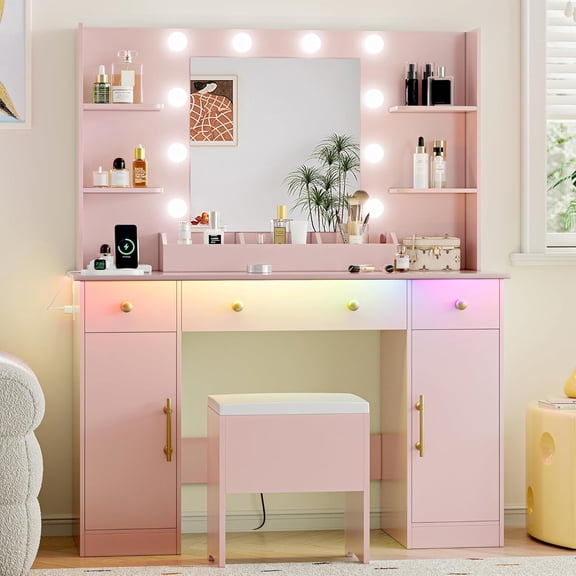FANRAL Makeup Vanity Desk with Mirror and Lights,41.5" Large Vanity with Chair & Drawers & Power Outlet,Pink Vanity