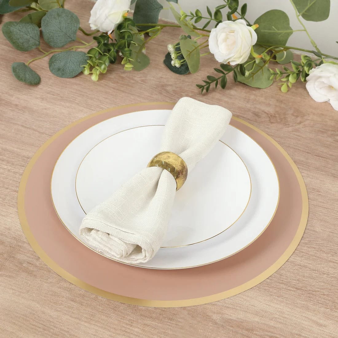 50 Dusty Rose Disposable 13 in Round Cardboard Paper Table Placemats with Gold Rim