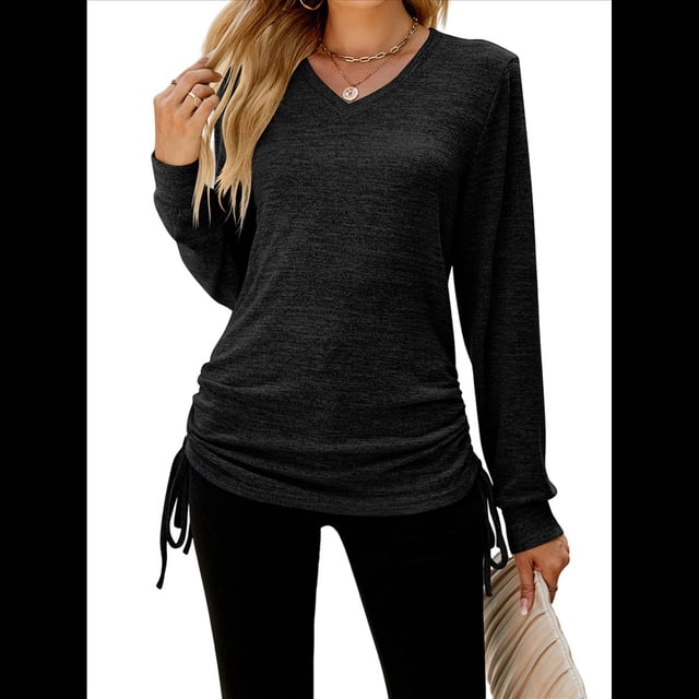 Camisetas para Mujer, Larga, Cuello en V, Básicas, Informales, Holgadas, Suaves, para Otoño. Negro L