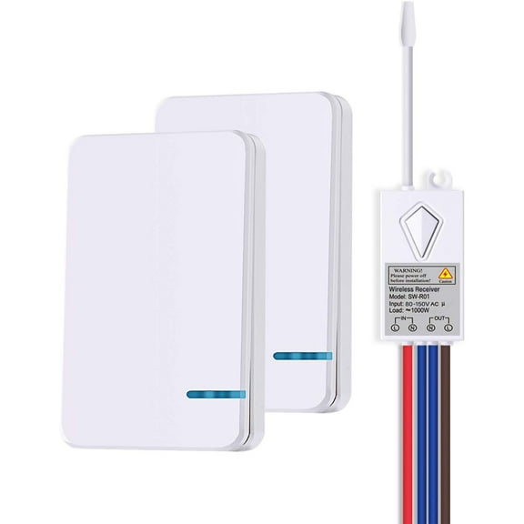 GREENCYCLE 2 PK Mini Size 1-way Wireless Light Switch and 1 PK Remote receiver Kit -Outdoor 1900 ft Indoors 229 ft - Remote Control Ceiling Lamp LED Bulb - IP54 Waterproof
