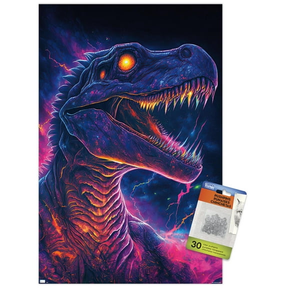 Wumples - Neon Dinosaur Wall Poster with Push Pins, 14.725" x 22.375"