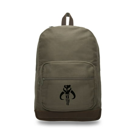Fett Backpack - Star Wars Mandalorian Skull Boba Fett Backpack with Leather Bottom, Olive & Bk