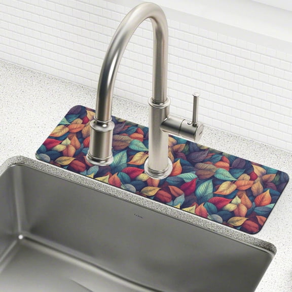 Yayeee Faucet Mat for Kitchen Sink 14.7" Diatomite Long Splash Guard Pad, Blue Vibrant Leaves Pattern