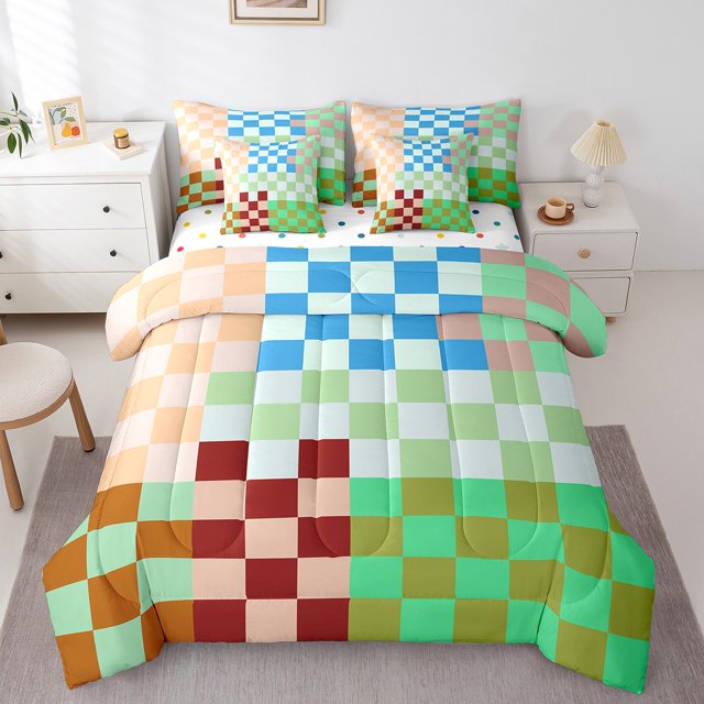 Erosebridal Buffalo Plaid Bedding Queen Size,Geometric Grid Bed In A Bag Queen Size,Gradient Decoration,Reversible,Lightweight,7 Pieces