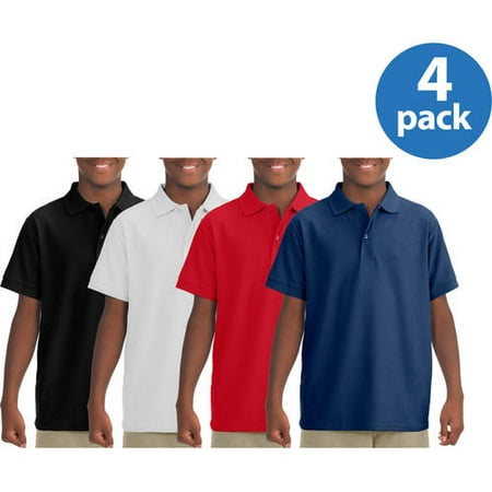 Jerzees Boys Short Sleeve Wrinkle Resistant Performance Polo Shirt, 4 Pack