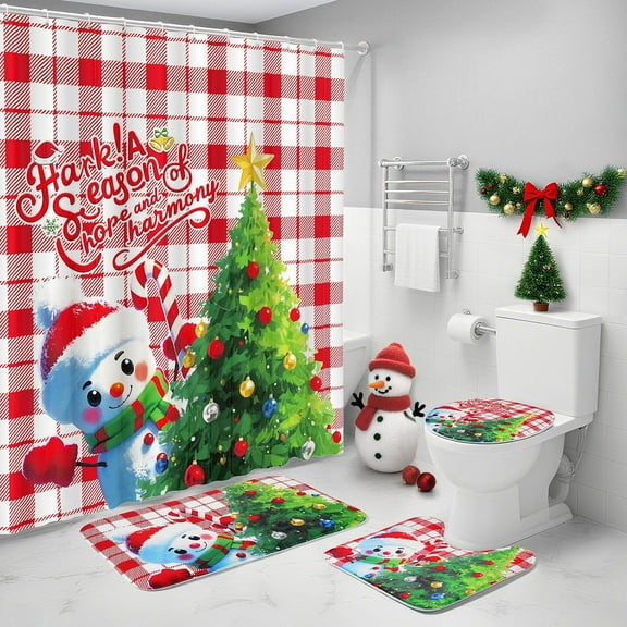 Luxspire 4 Pcs Christmas Shower Curtain Set, Christmas Bathroom Sets with Shower Curtain, Toilet Lid Cover and U Shape Bath Mat, Bathroom Decor with 12 Hooks, 71" x 71", Snowman Christmas Tree Plaid