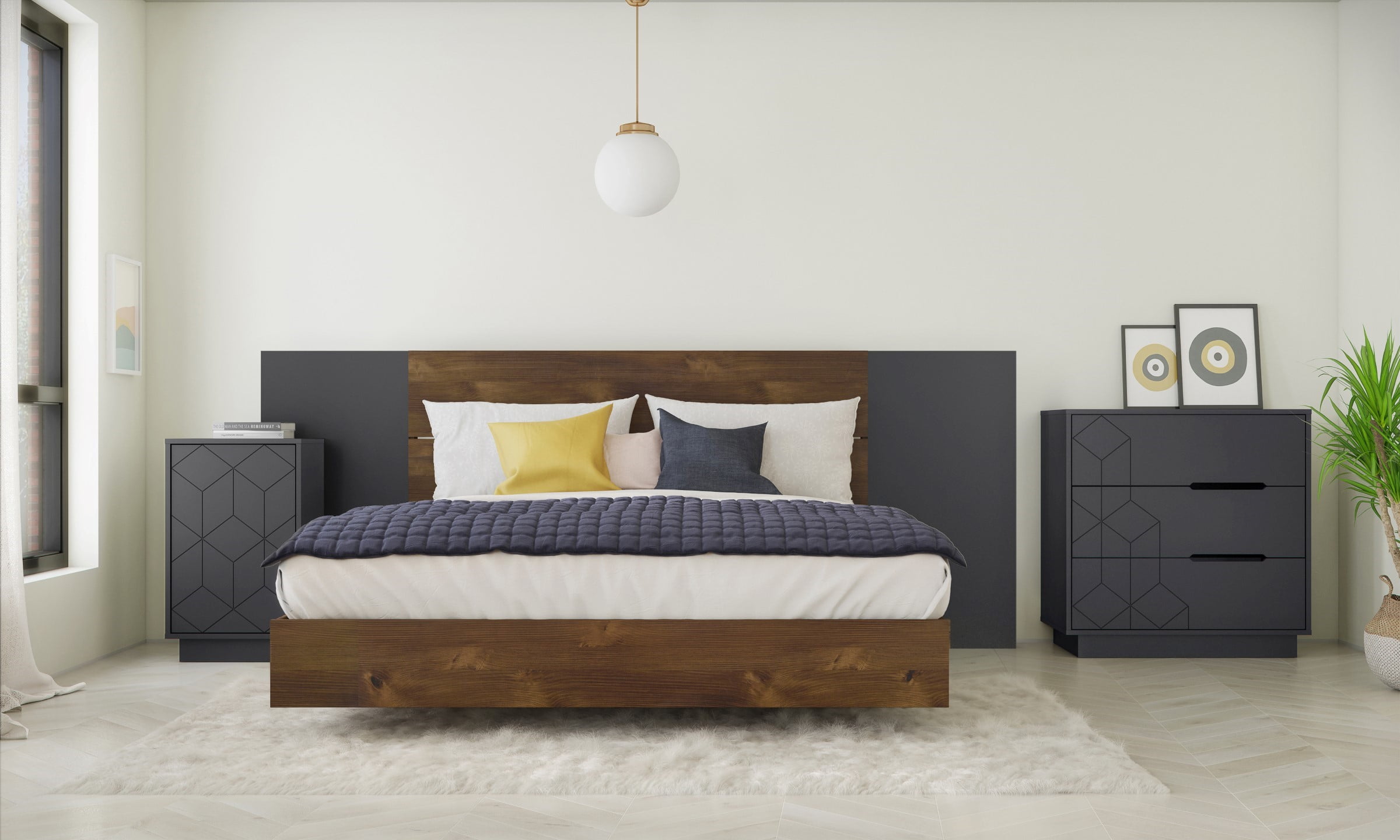 Metcalf 5 Piece Queen Size Bedroom Set, Truffle and Charcoal Grey