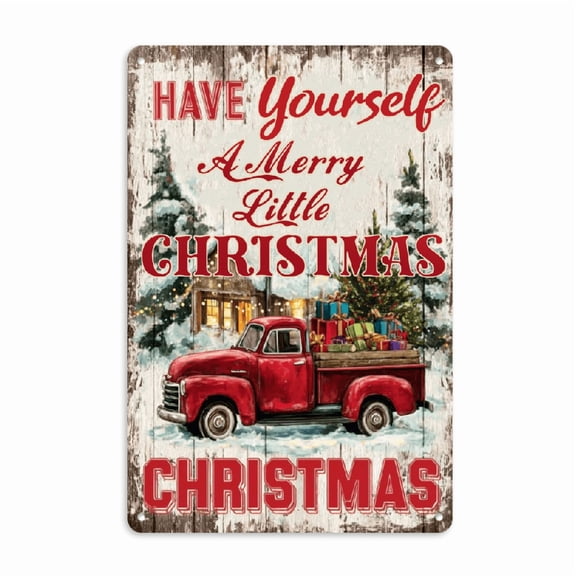 Merry Christmas Tin Sign Retro Metal Wall Decor 8 x 12inch Gift Red Truck Christmas Vintage Wall Art Poster for Home Cafe Room Bathroom Office Kitchen Farmhouse Man Cave Decor Gift, 2D Flat