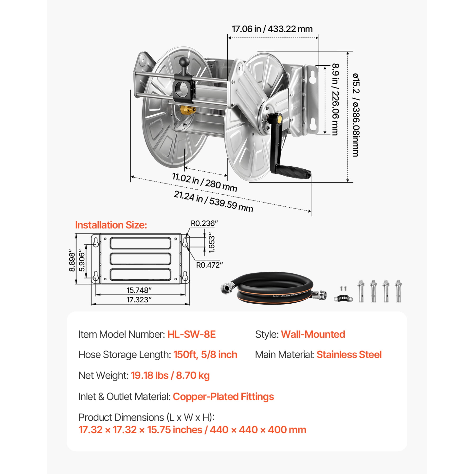 304 Stainless Steel Wall-Mount Hose Reel, Holds 150ft 5/8" Hose, Manual Crank Garden Hose Reel with Nylon Guide