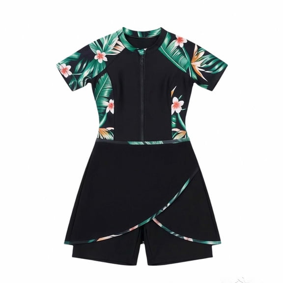 Hienoo Girls UPF 50 Short Sleeve Rash Guard One-Piece Swimsuit Swim Dress, Sizes 7-14
