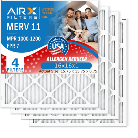 

16x16x1 Air Filter MERV 11 Comparable to MPR 1000 MPR 1200 & FPR 7 Electrostatic Pleated Air Conditioner Filter 4 Pack HVAC Premium USA Made 16x16x1 Furnace Filters by AIRX FILTERS WICKED CLEAN AIR.