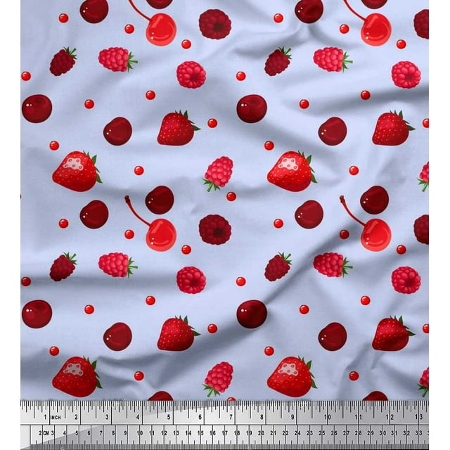 Soimoi Polyester Crepe Fabric Raspberry,Strawberry & Cherry Fruits Printed Fabric 1 Yard 42 Inch Wide