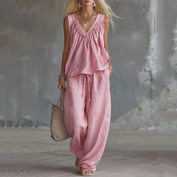 Womens Ruffle Linen 2 Piece Outfits Summer V Neck Sleeveless Blouse Tops with Drawstring Baggy Pants Beach Vacation Wear S