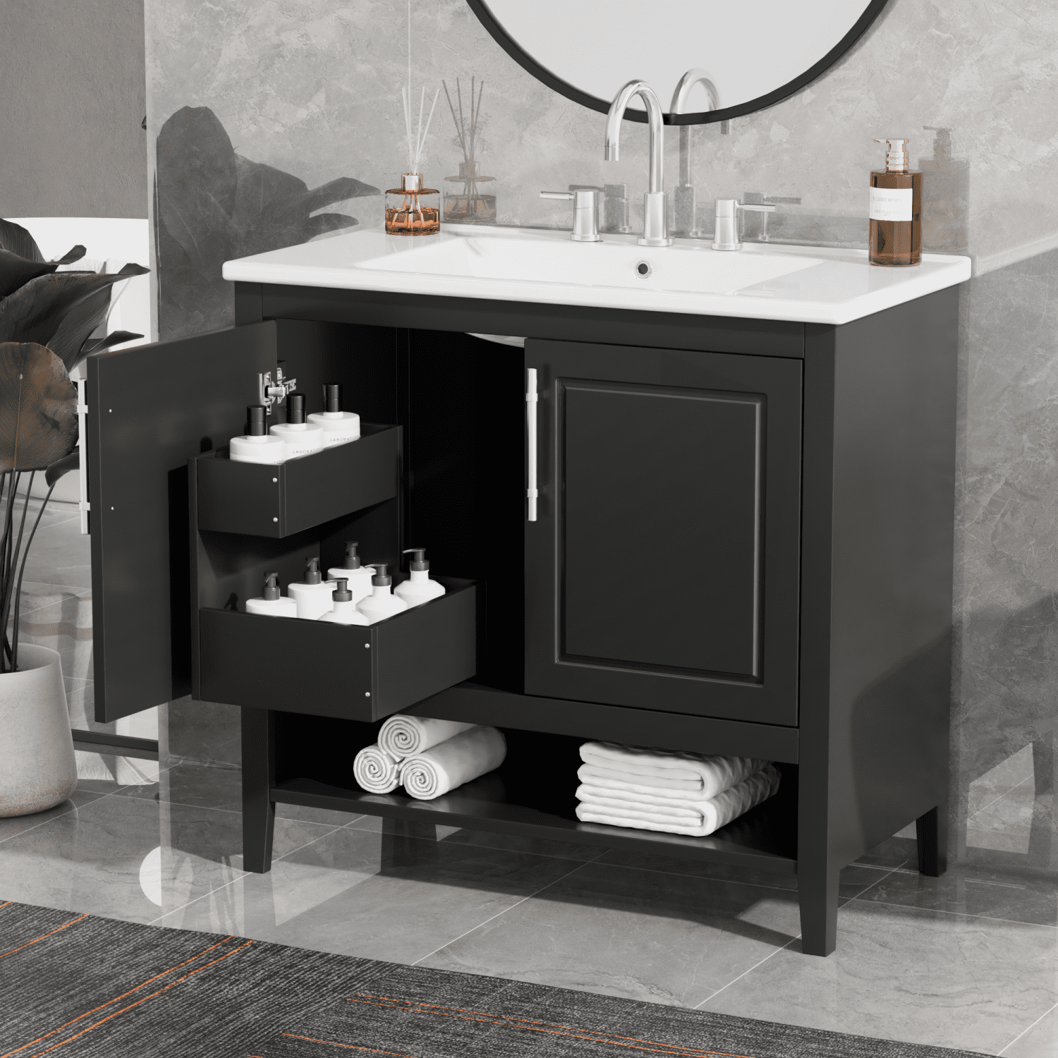 Harper & Bright Designs 36" Bathroom Vanity with Sink, Multi-functional Bathroom Cabinet with Doors and Drawers, MDF Frame and MDF Board, Black