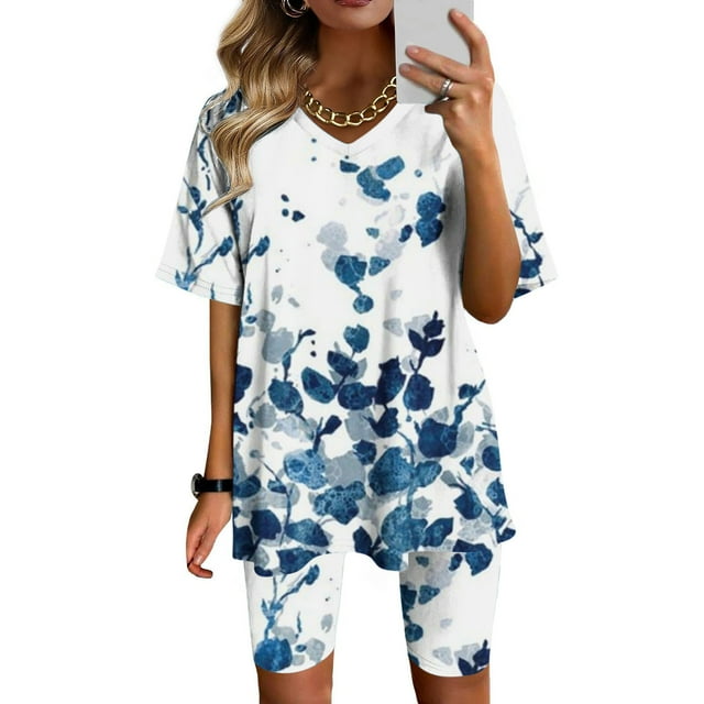 Ensembles d'Été pour Femmes 2023 Mode Féminine Blouse à Col en V Manches Courtes Hauts Shorts Ensemble Décontracté Ensembles d'Été 2 Pcs pour Femmes en Liquidation