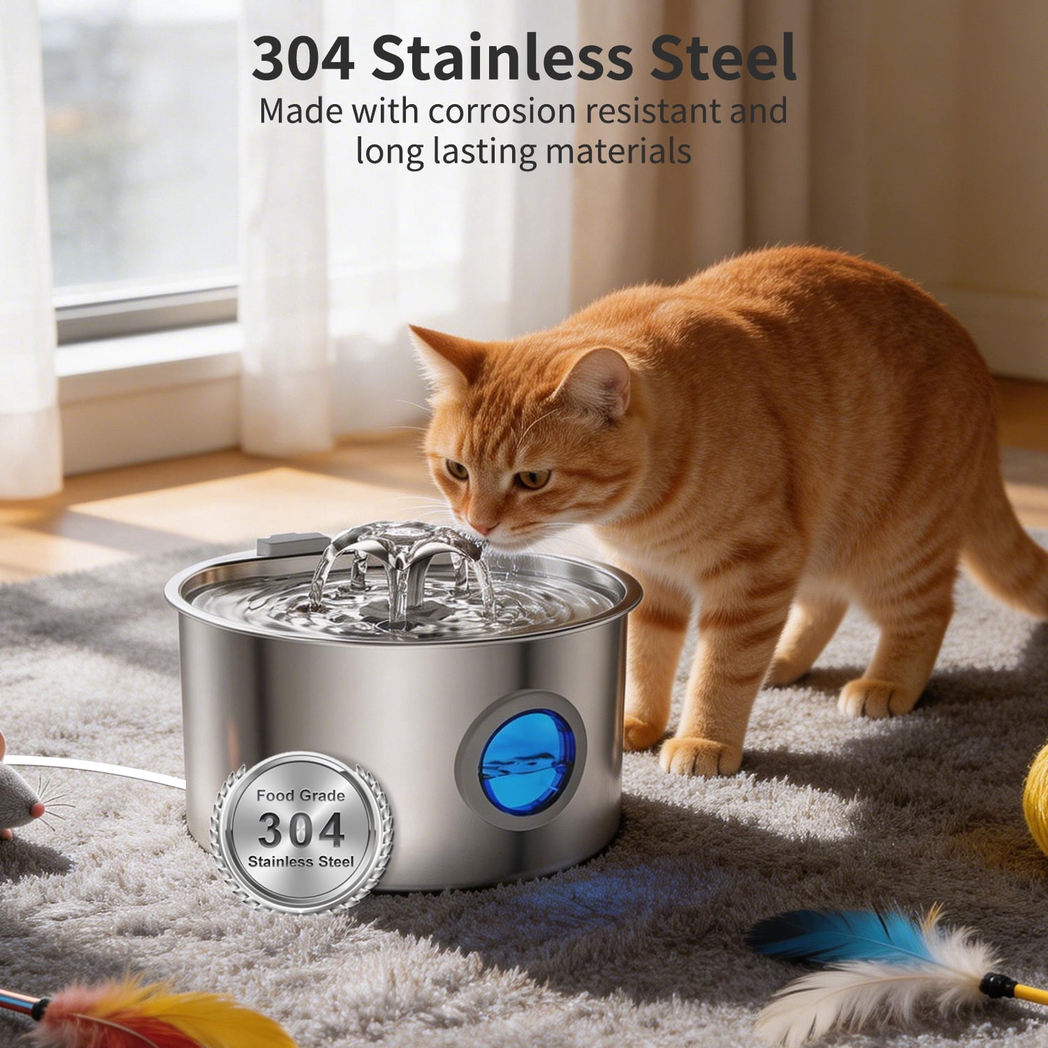 Beteliva Stainless Steel Cat Water Fountain, 108oz/3.2L Automatic Pet Water Dispenser for Cats and Dogs with Replacement Filters