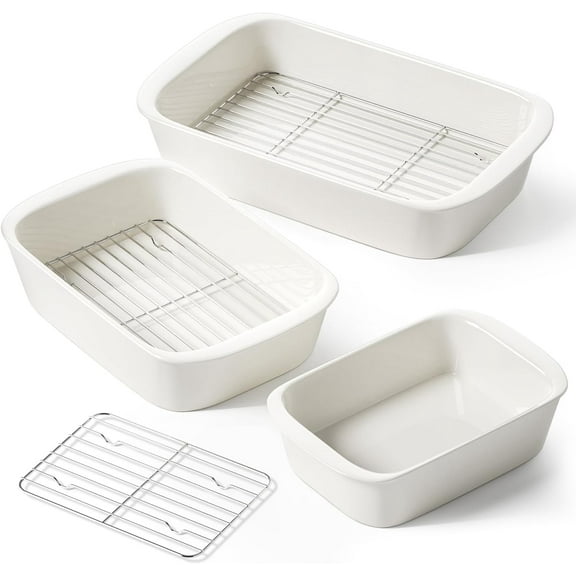 "Deep Casserole Dishes for Oven, 13.7”x9.6” Ceramic Baking Dish Set with Roasting Racks, Large Lasagna Pans with Handles, Rectangular Bakeware, White (4.6QT/3.0QT/1.6QT), Set of3