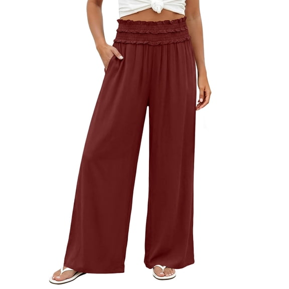 Hurxie Womens Wide Leg Pants Palazzo Casual Flowy Elastic Waist Pant Dressy Long Lounge with Pockets Red,M