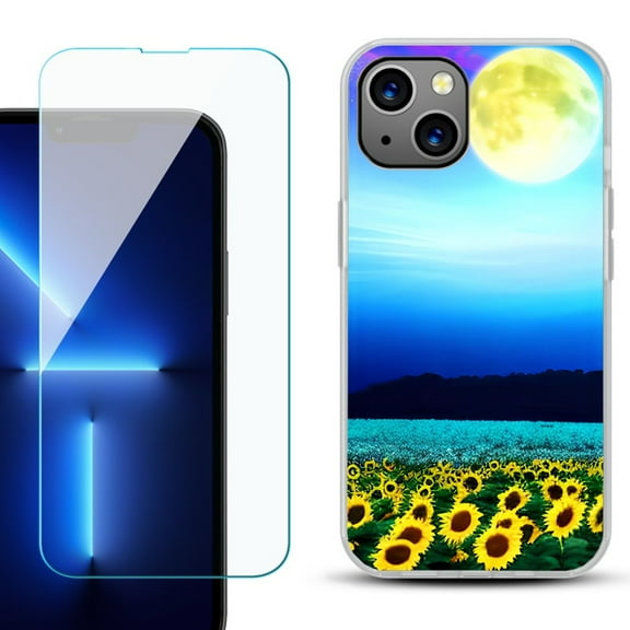 Slim-Fit TPU Phone Case for iPhone 14 Plus, with Tempered Glass Screen Protector, by OneToughShield ® - Sunflower Moon