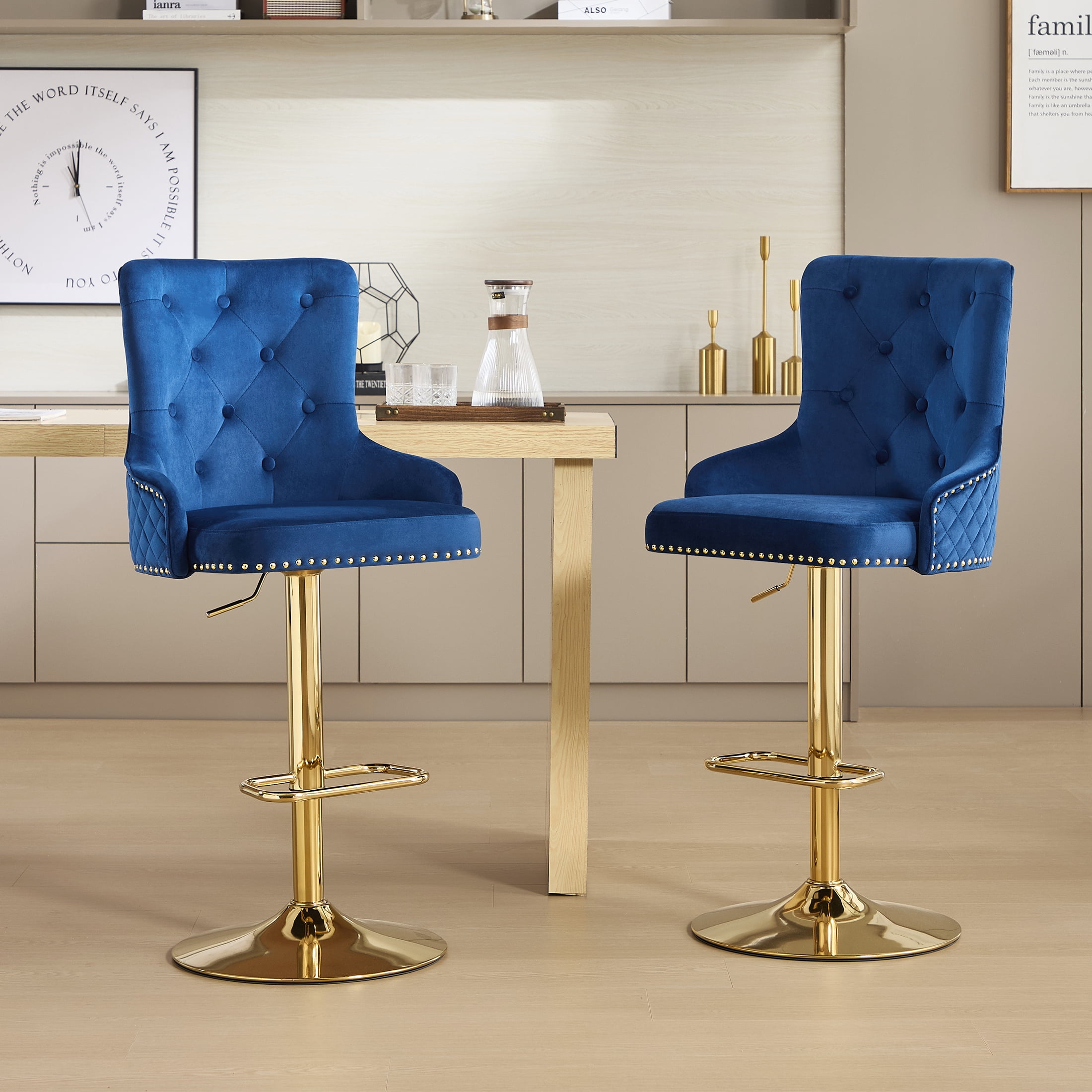 Velvet Gold Bar Stools Set of 4 Modern Counter Height Bar Stools with Lion Pull Ring Tufted Back, Nailhead Upholstered Barstools for Home Kitchen Island, Swivel Adjustable Stool Chair in Dark Blue