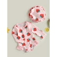 thumbnail image 3 of Suealasg Toddler Baby Girls One Piece Swimsuits 6M 1T 2T 3T Kids Summer Romper Bathing Suit Beachwear Long Sleeve Strawberry Print Sun Protection Swimwear + Sun Hat, 3 of 9