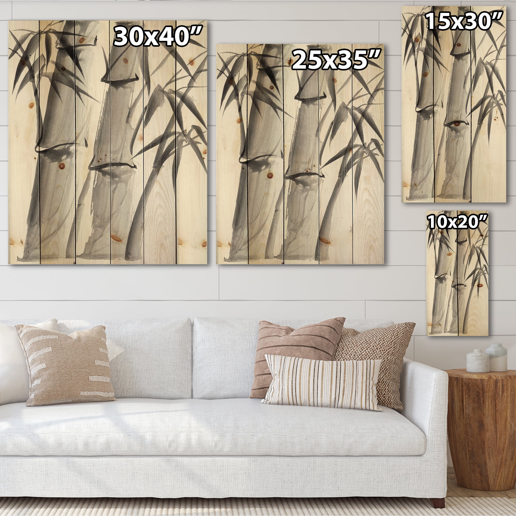 Designart 'Vintage Black and White Bamboo IV' Traditional Print on Natural Pine Wood