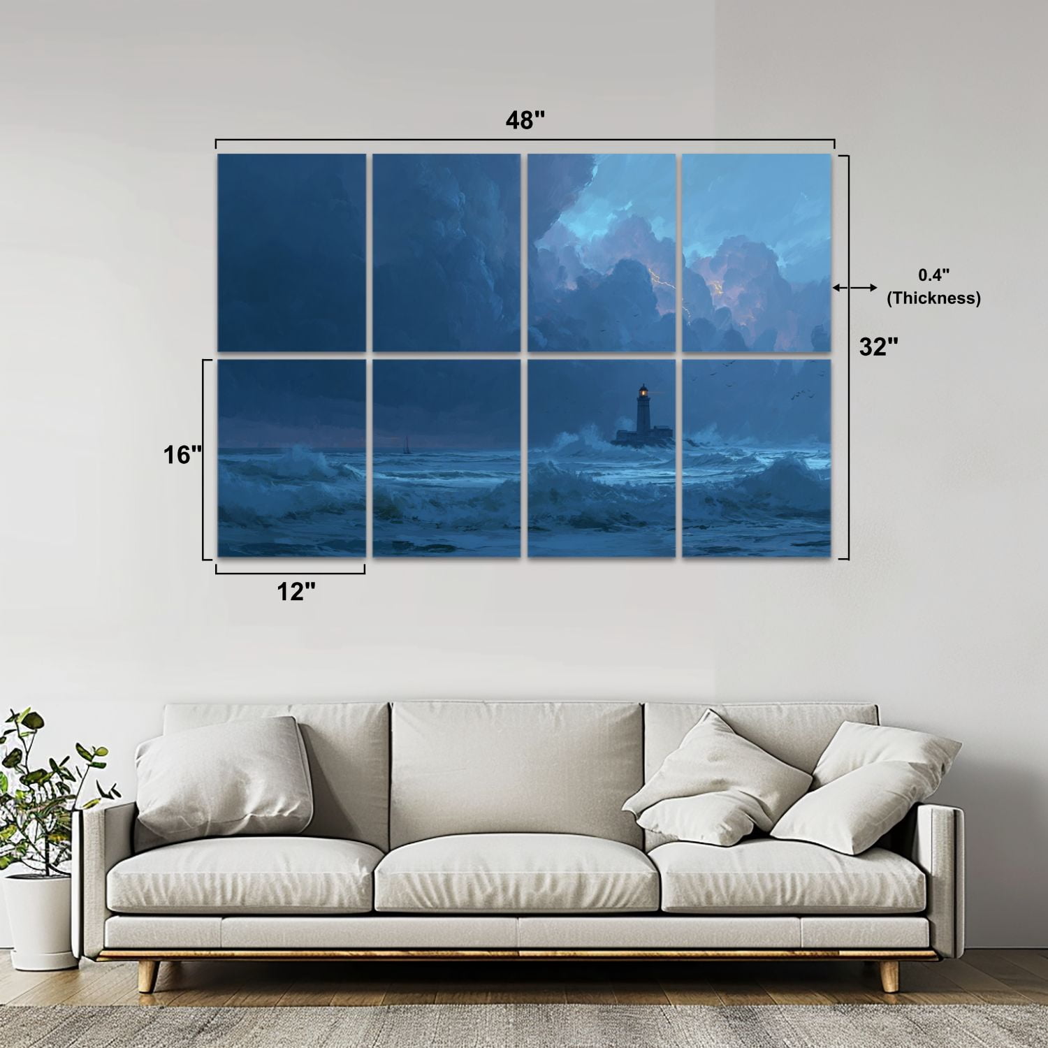 8 Pack Art Acoustic Panels Sound Absorbing Thunderous Ocean Waves Lighthouse Art Dramatic Sky Decorative Soundproof Wall Panels Self Adhesive for Nursery Game Room Bedroom 48"x32"